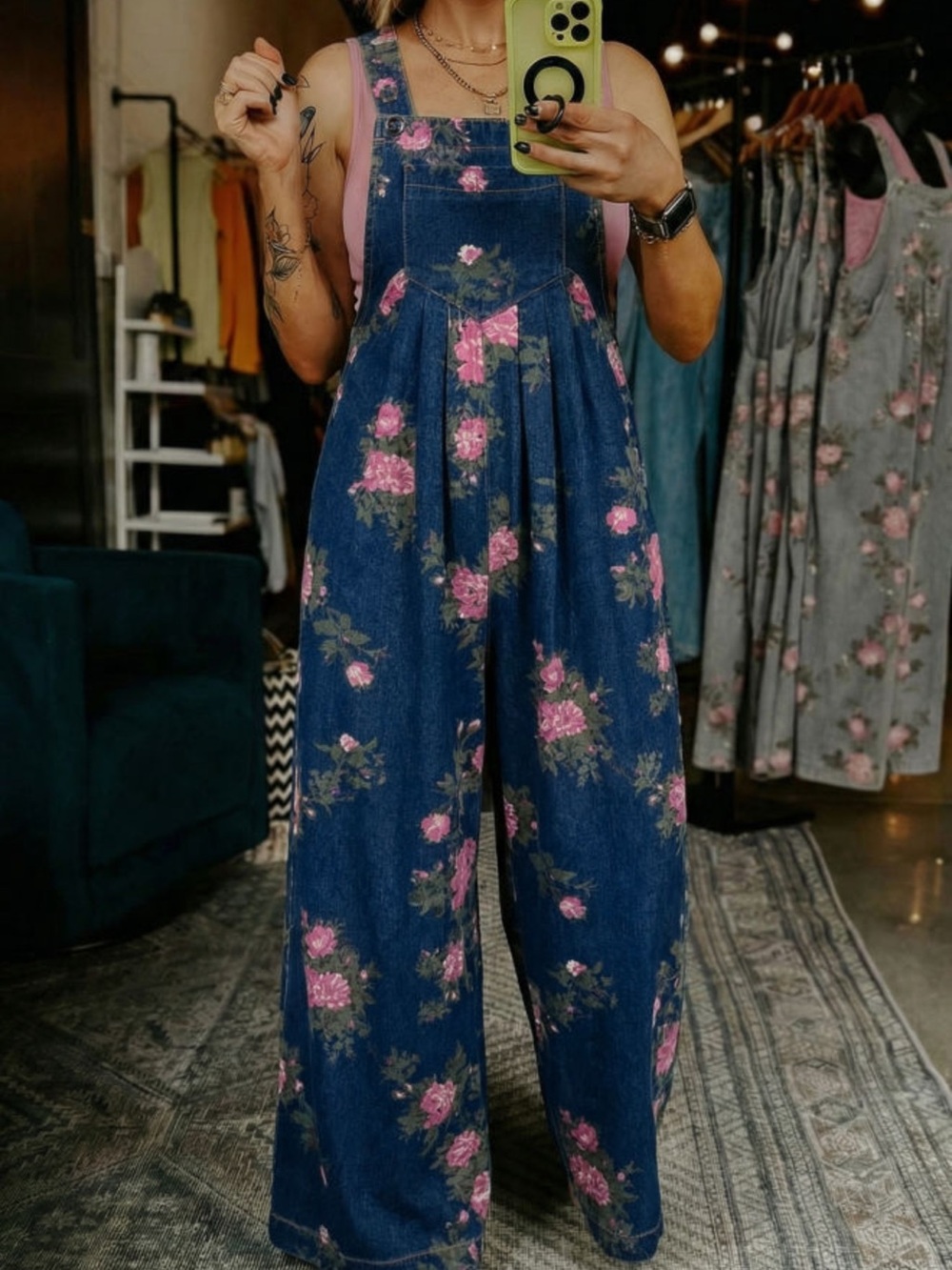 Floral Denim Wide-Leg Overalls Jumpsuit - Pink on Dark Blue